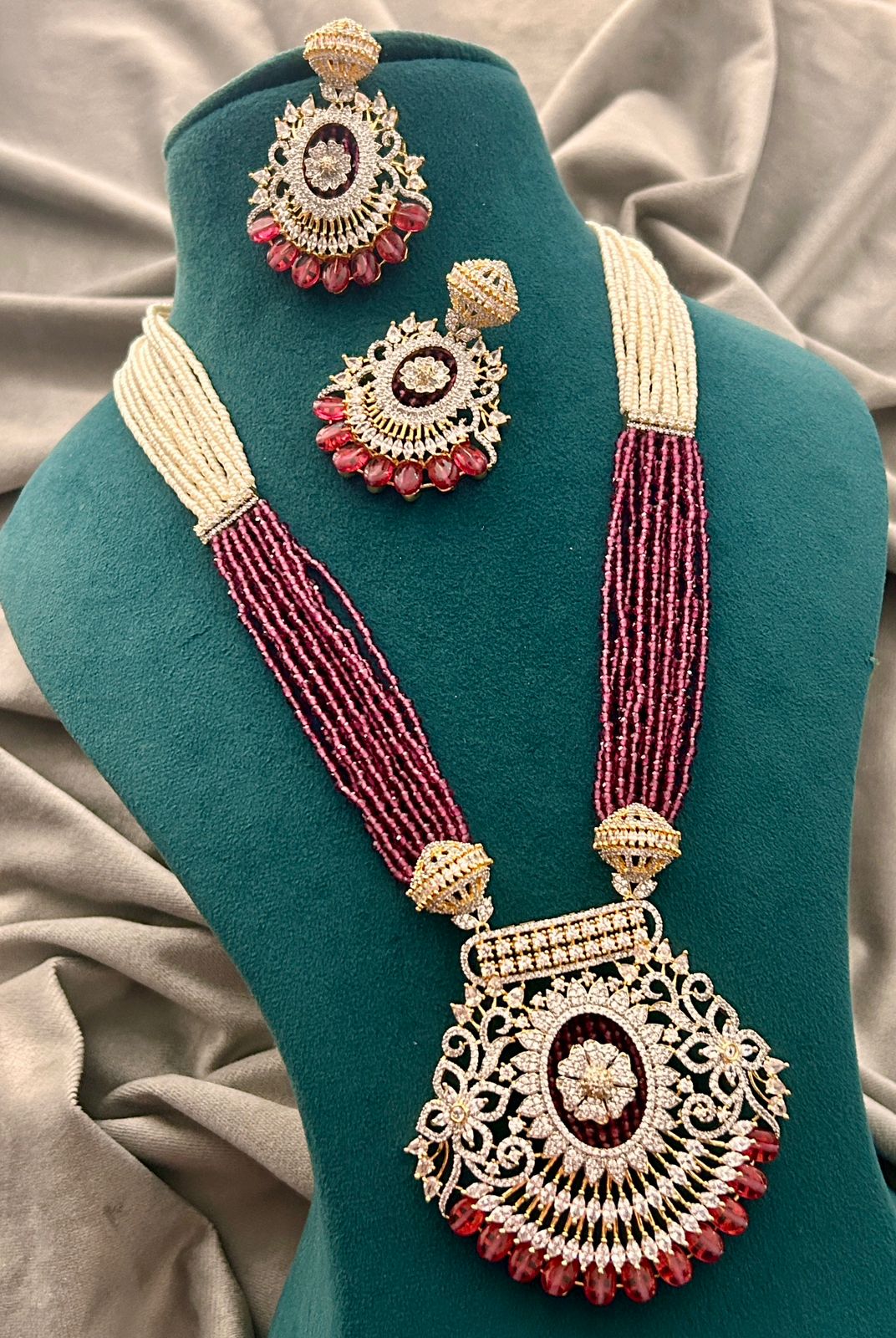 Ruby Beads & Diamond Look Necklace Set – Bridal Party Wear Jewellery